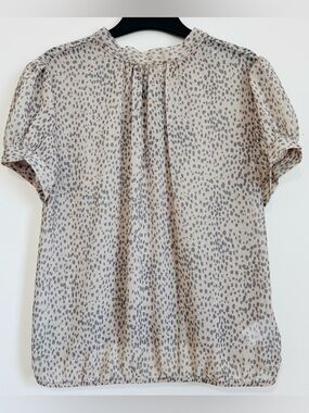 EXPRESS neutral beige gray leopard sheer back tie short puff sleeve crop blouse